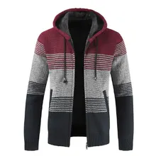 MoneRffi куртки Мужские приталенные стоячий воротник молния полосатый с капюшоном уличная Теплая Вязаная толстовка свитер куртка пальто