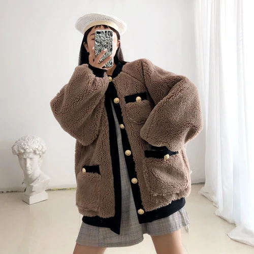 new autumn winter women single breasted loose faux fur coatsgolden buttons o-neck lamb wool jackets w1991 - Цвет: brown