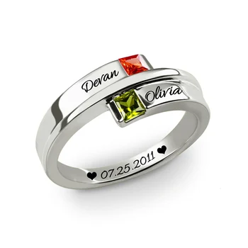 

AILIN Engraved Double Square Birthstone Ring White Gold Color Couple's Ring