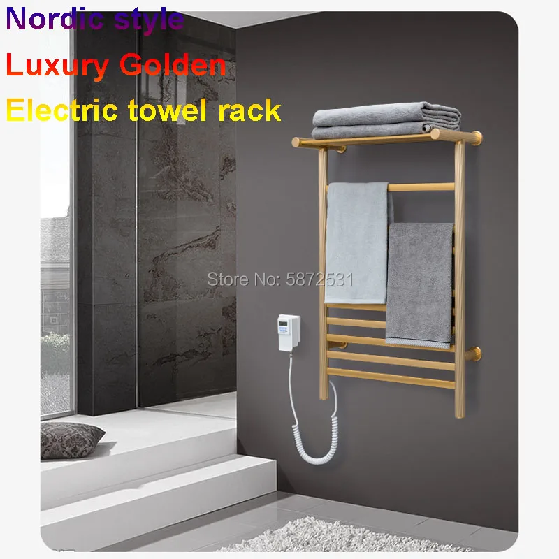 ชั้นวางผ้าขนหนูไฟฟ้าติดผนังพร้อมชั้นวางอะลูมินัมอัลลอยอัจฉริยะ220V สำหรับห้องน้ำสีทองหรูหรา2023 1