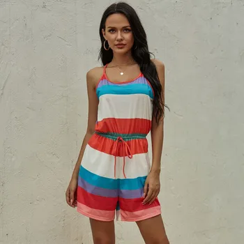 

2020 New Women Jumsuit Summer Sling Stripes Passionate Color Waist Tie Casual Wide-Leg Jumpsuit Sexy Backless Sleeveless Leotard