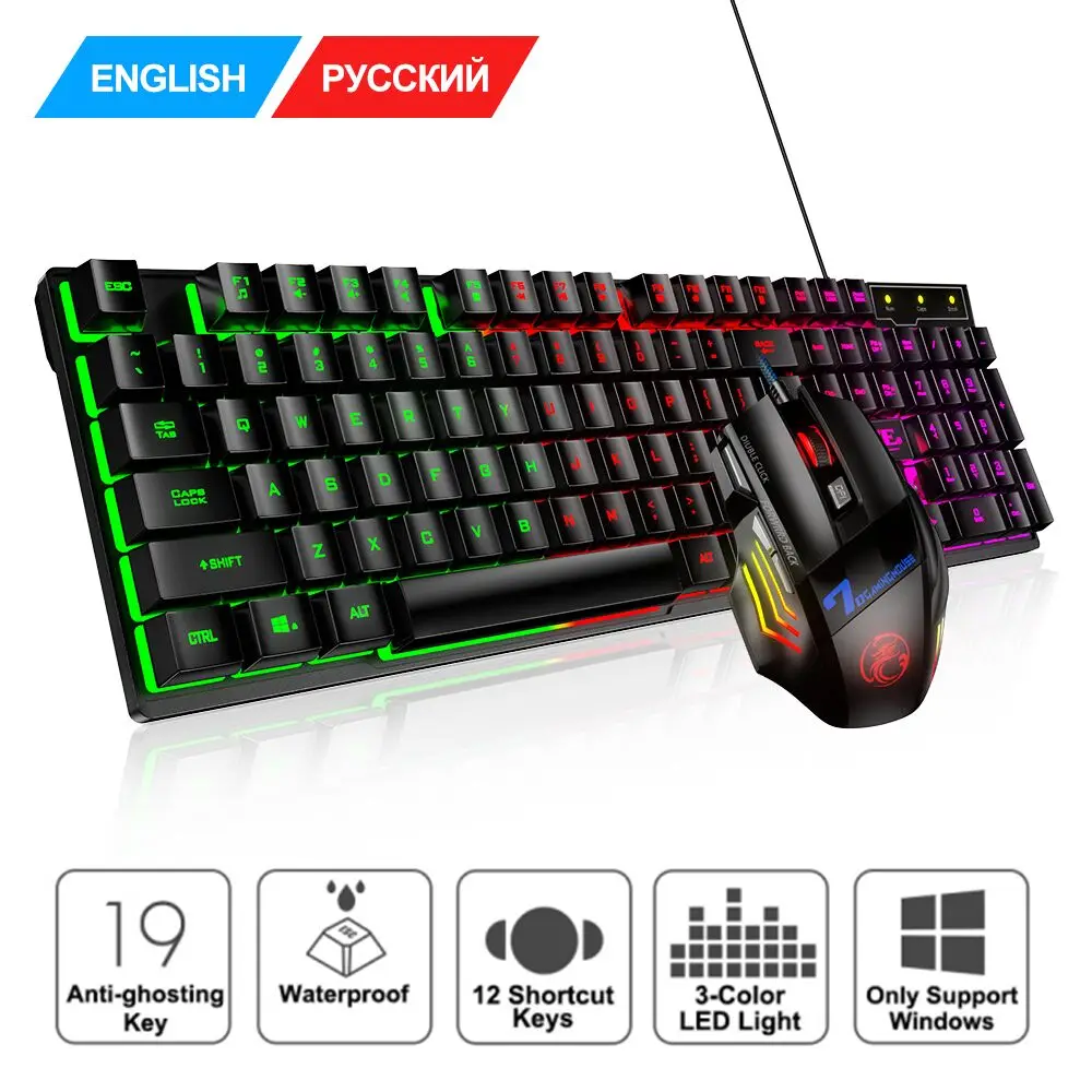 Игровая клавиатура и мышь проводная с подсветкой русской раскладкой испанская