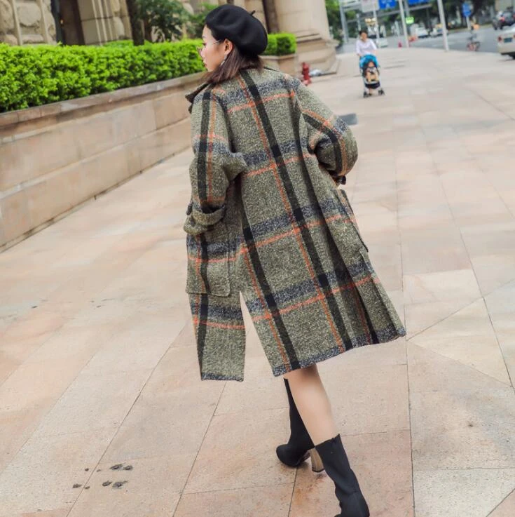 

Jrnnorv New Women 2019 Warm Winter Cashmere Coat Ladies Work Office Elegant Vintage Plaid Long Wool Blends Coats