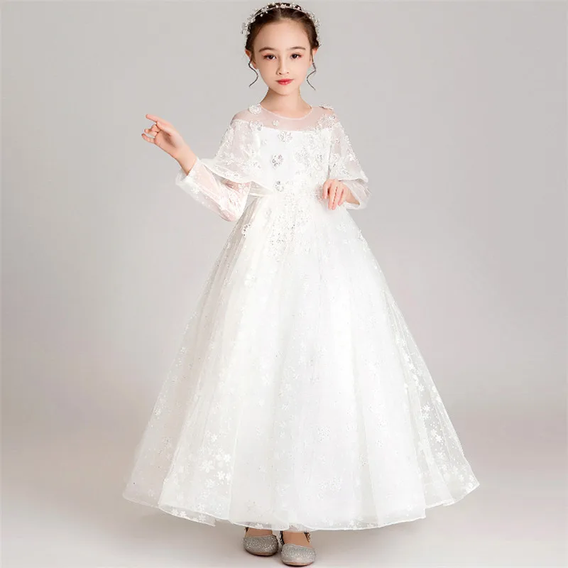 3~14Years Children Girls Solid White Color O-Neck Birthday Wedding Party Ceremony dress Kids Host Communication Costumes Dress