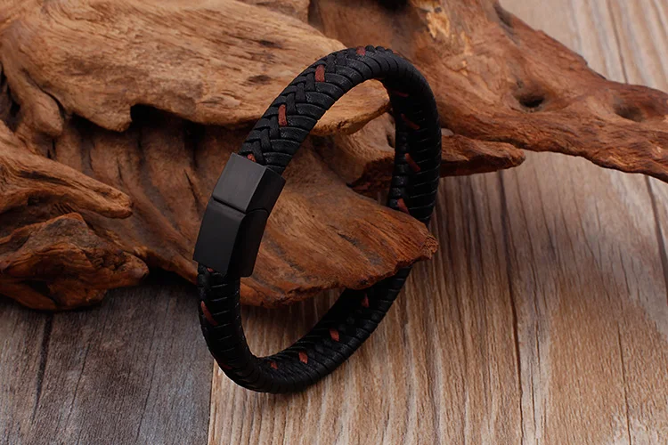 Boho плетеные кожаные браслеты для мужчин из нержавеющей стали с черным покрытием Мужской панк синий браслет повседневные ювелирные изделия на Хэллоуин