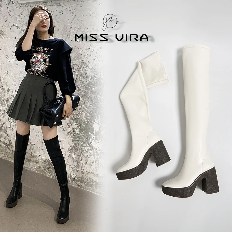 

MISS VIRA New Platform High Heel High Boots Women Fashion Slim Chunky Heels Long Over The Knee Boots Elastic Ladies Party Shoes