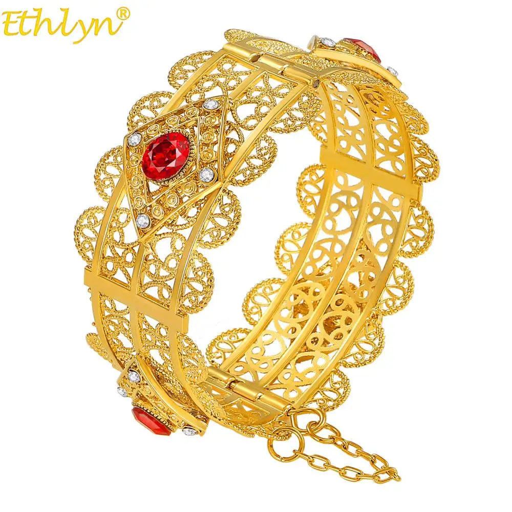 Ethlyn Ethiopian Luxury Big Bangle Women Gold Color Rhinestone Jewelry