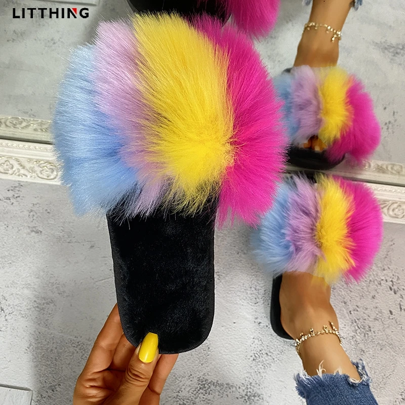 cheap faux fur slides