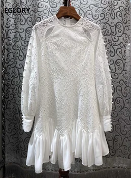 

Hollow Out Embroidery Dress 2020 Spring Fashion White Dress High Quality Women O-Neck Vintage Buttons Long Sleeve Ruffle Dress