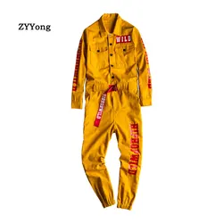 Men's Jumpsuit Letter Print Beam Feet Jogging Cargo Pants Multi Pocket Hip Hop Workwear Yellow Loose Overalls Freight Trousers