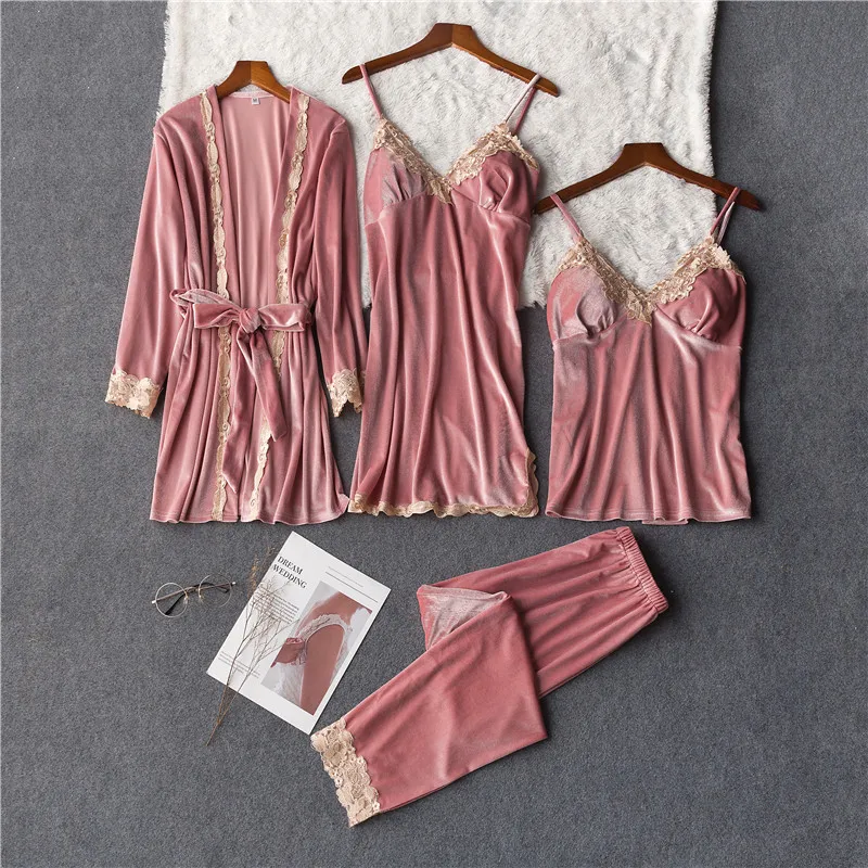 Cami& Pants& Robe, одежда для сна, Осенний теплый пижамный комплект, женская домашняя одежда, бархатное интимное белье, Повседневная Пижама, ночное белье, 4 шт