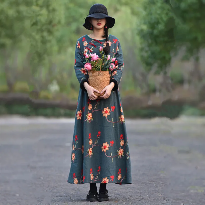 deep green В китайском стиле, Свободное длинное платье макси из хлопка и льна, зимние и осенние плотные платья с флисовой подкладкой и цветочным принтом - Цвет: deep green