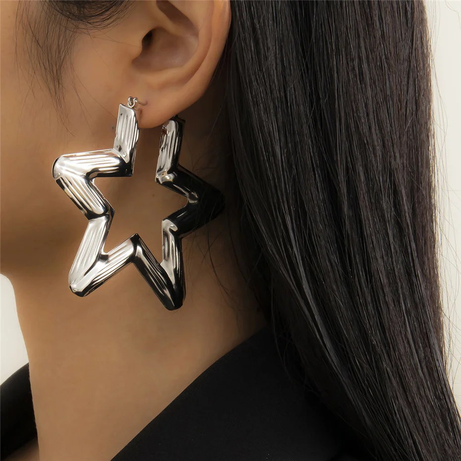 KunJoe 2021 New Punk Gold Color Big Star Hoop Earrings for Women Exaggerated Metal Geometric Earrings For Women Party Jewelry