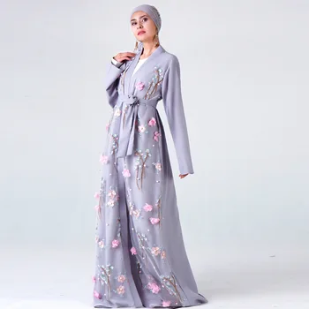 

Appliques Female Abaya Dress Gray Kimono Gown Muslim Clothes For Women With Belt Abaya Dubai Dress Casual Islamic Clothing