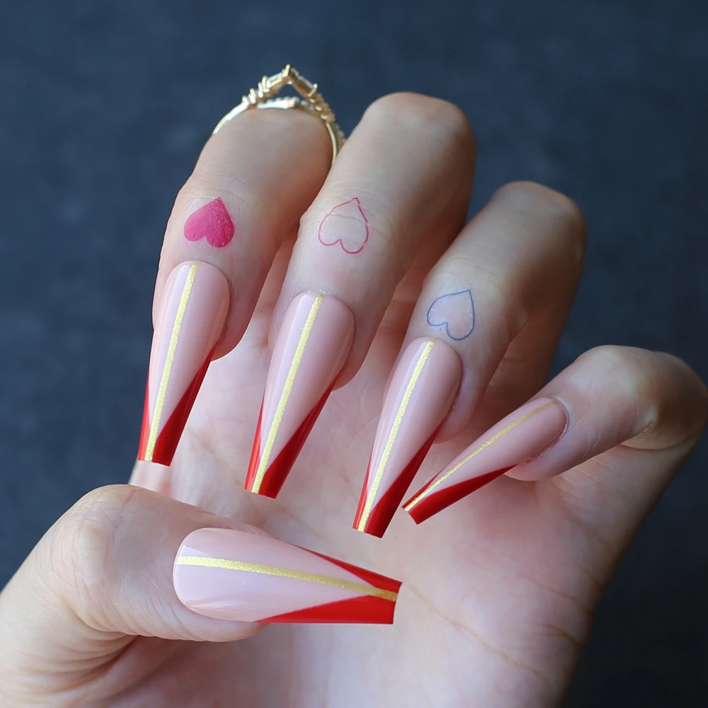 Uñas postizas para Ballet, de color rojo dorado de uñas postizas Hilo,  contorno en V, francés, Nude, Extra largo, purpurina decorativa -  AliExpress Belleza y salud