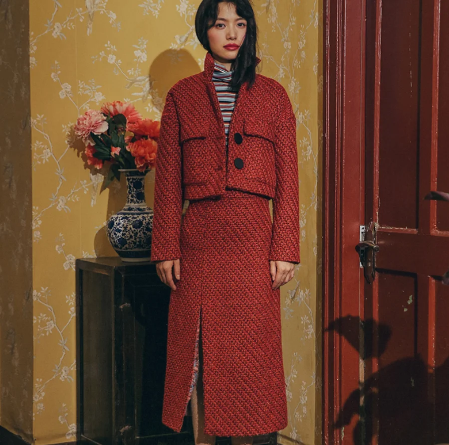 新しいファッションの女性は長袖エレガントなツイードジャケットと分割ペンシルスカート 2 枚組 スカート Aliexpress