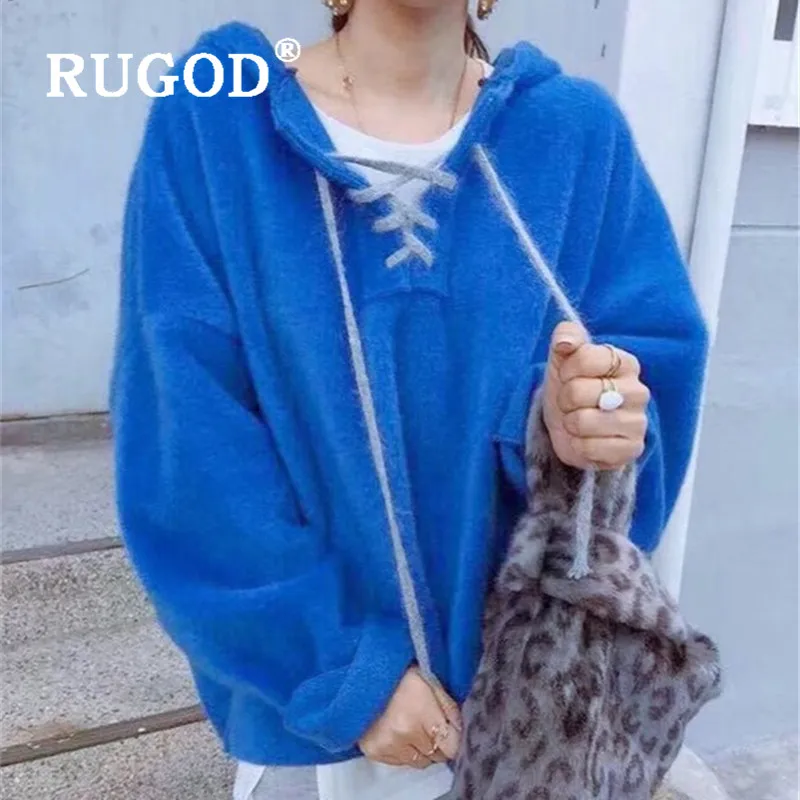 RUGOD зимний теплый Однотонный свитер для женщин хлопковые Толстовки со шнуровкой свободный Мягкий Топ Модный женский повседневный элегантный корейский топ