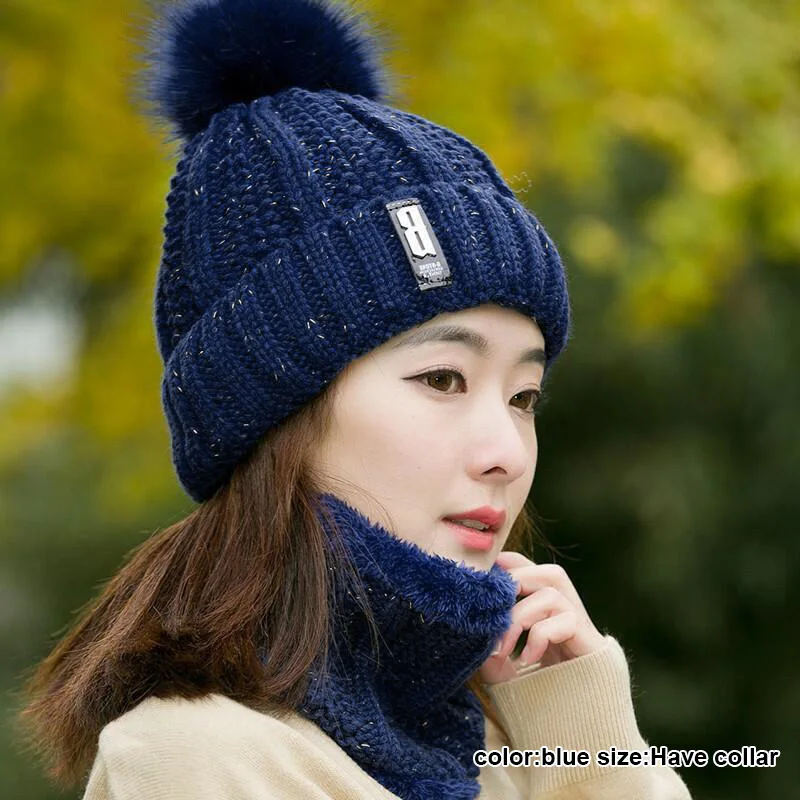 blue With Scarf Женская зимняя вязаная утолщенная шапочка с шарфом теплая меховая мешковатая зимняя шапка JS25 - Цвет: blue With Scarf