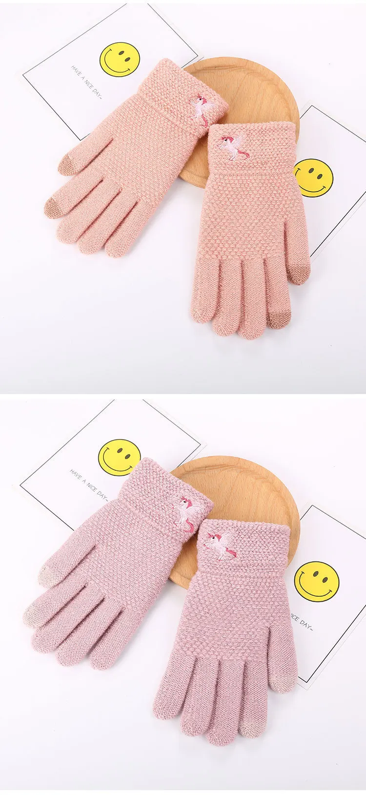 Осенние и зимние женские вязаные теплые перчатки трикотажные зимние уличные перчатки с сенсорным экраном Единорог вышитые перчатки