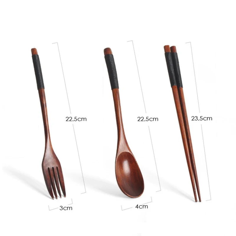 Wooden Tableware Fork Spoon Chopsticks 3pcs/Set Natural Long Handle Retro Style Portable wooden spoon,camping cutlery