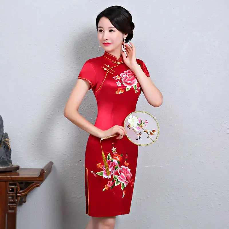 Для женщин с коротким рукавом облегающее сексуальное Cheongsam Вечеринка платье в китайском стиле с воротником «Мандарин» из сатина с цветочным принтом Qipao негабаритных Vestidso - Цвет: Style 5