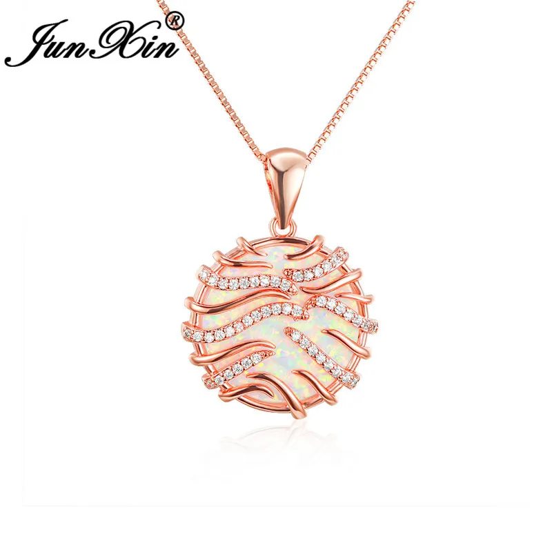 Rose Gold White Opal Роскошный Синий Белый огненный опал, ожерелье, круглые подвески для женщин, серебро 925 пробы, цвет розовое золото, Радужный камень, Свадебное колье, ювелирное изделие, Cz - Окраска металла: Rose Gold White Opal
