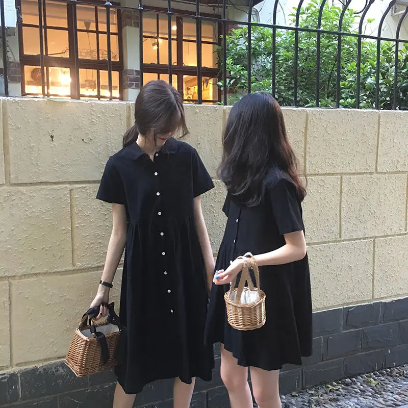 Short Sleeve Dress Women Friends Solid A-Line All-match Vintage Stylish Kawaii Simple Vestidos Daily Summer Single Breasted 2021 a line dress