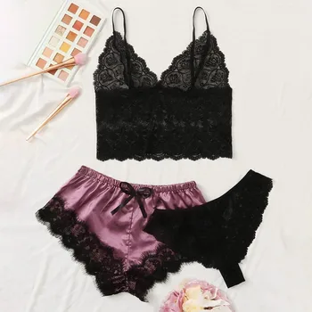 

New sexy lace and satin pajamas in a 3-piece set, beautiful and refreshing and comfortable home pajamas set in summer F05