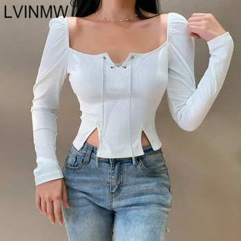 

LVINMW Sexy Square Collar Long Sleeve With Chain Crop Top Woman tshirts Fashion New Minimalist Daily White Tops Streetwear