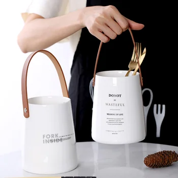 

Leather Handle Ceramic Chopsticks Barrel Square Plate/disc Salad Bowl Household Kitchen Decorative Tray Storage Container Boxes