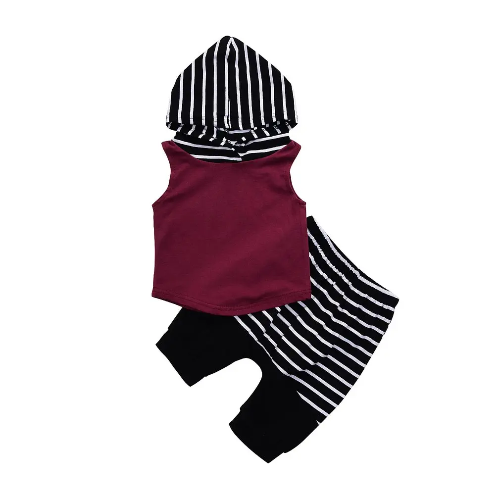 

OUTAD 2Pcs Baby Clothes set baby boys clothing set children sleeveless hoodies + stripe Short pants Summer clothes boys sets