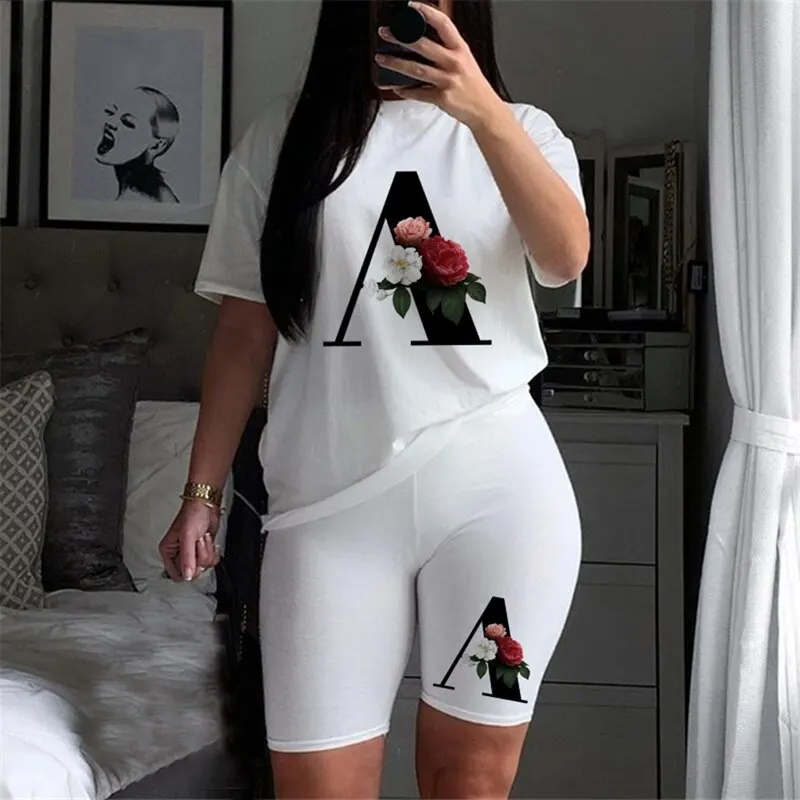 Laamei-Conjunto de dos piezas para mujer, camisetas y pantalones cortos con letras, ropa informal de manga corta para correr, pantalones cortos de motorista, atuendo Sexy para mujer