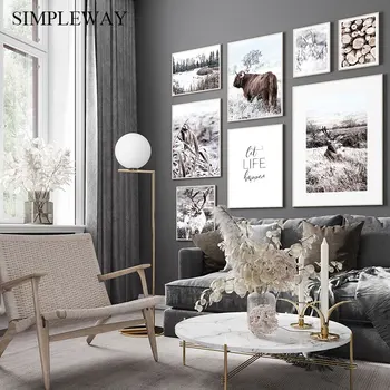 

Nature Landscape Canvas Print Scandinavian Poster Nordic Style Animal Deer Cow Wall Art Painting Picture Modern Home Decoration