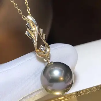 

D330 Pearl Pendant Fine Jewelry Solid 18K Gold Natural 11-12mm Ocean Sea Round Tahiti Black Pearl Pendant Necklaces for Women