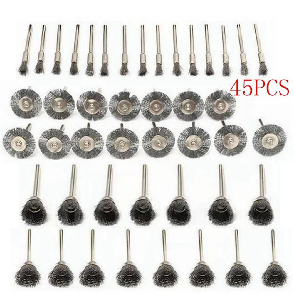 45 шт. зачистки провода чашки шлифовальная щетка колеса набор ювелирных изделий роторный инструмент аксессуар смешивания дерушения удаления заусенцев из нержавеющей стали