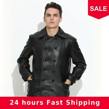

2020 Black Men Double Breasted Smart Casual Leather Jacket Plus Size XXXXL Genuine Cowhide Russian Autumn Leather Coat