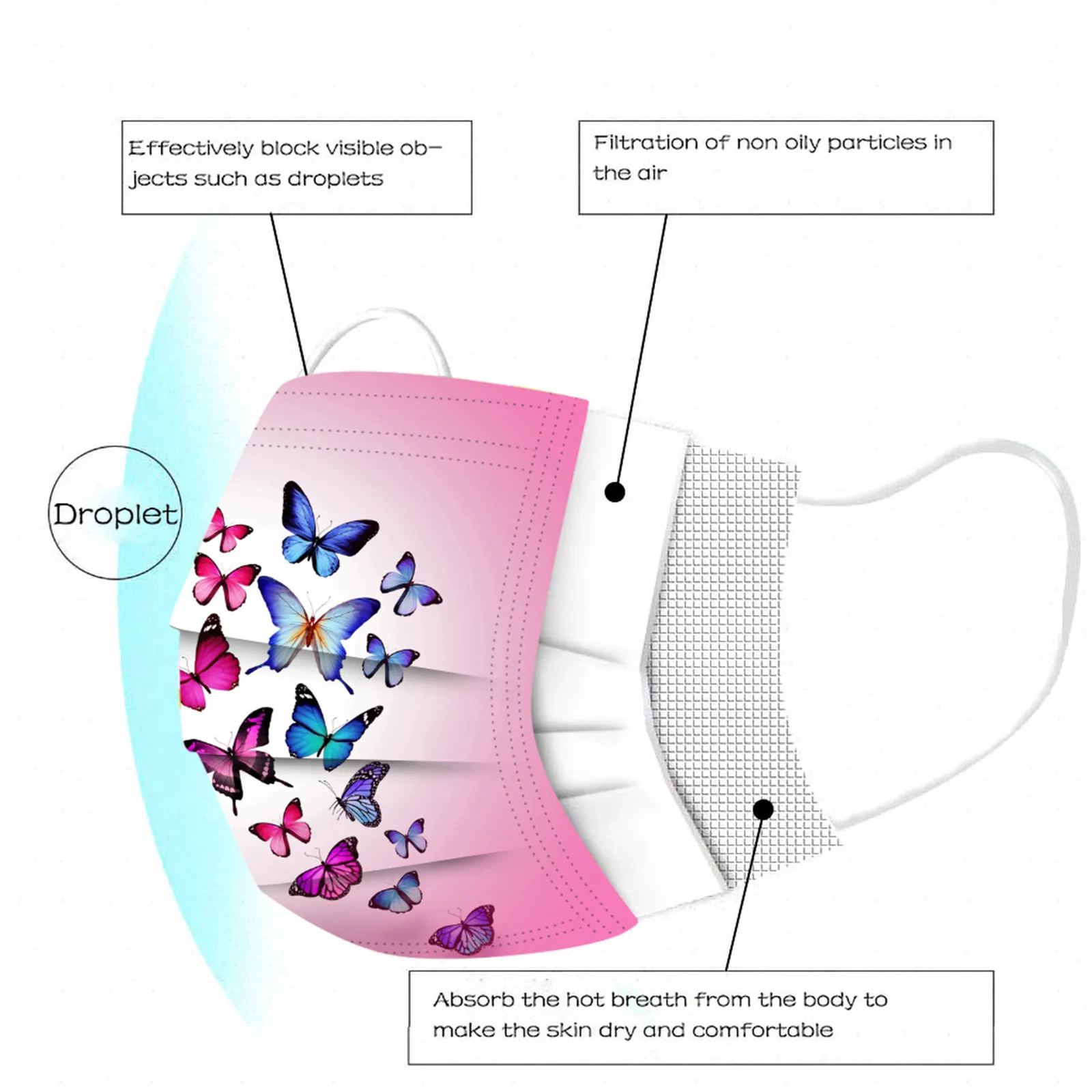 Butterfly Printed Disposable Face Mask 10PC 3 Layers Non-Woven Protective Mouth Mask
