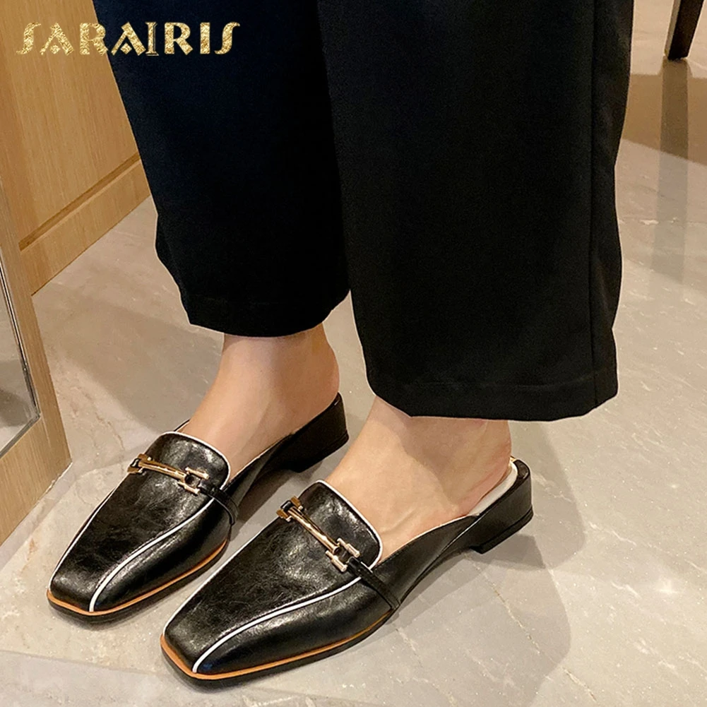 

Sarairis Hot Sale 2020 Genuine Leather Square Heels Concise Shoes Woman Slippers Slip-On Metal Decoration Slippers Women