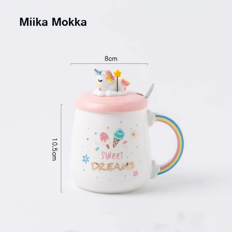 Cute unicorn transparent glass cup with lid spoon