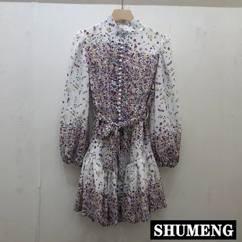 

2020 New National Trend Retro Stand Collar Long Sleeve Slim Floral Dress Female High Street Fashion Linen Cotton A-line Dress