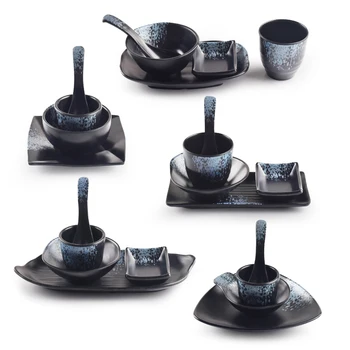 

Hot pot restaurant table four piece melamine restaurant dish cup plate bowl spoon set plastic black tableware