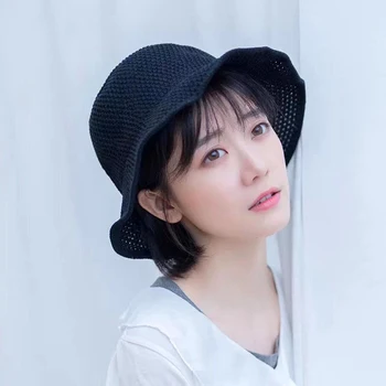 

Cute solid color hollow fisherman hat female foldable sun hat casual fashion basin hat