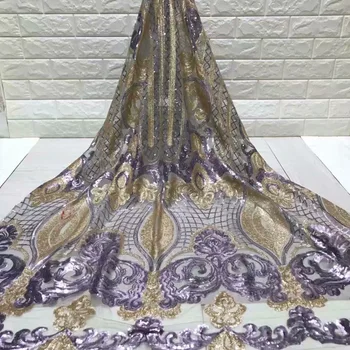 

2019 New African Lace Fabrics High Quality Good Price Gold Purple Unique Pattern Sequins Embroidery French Tulle Lace Fabric