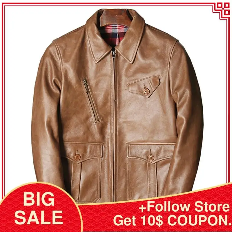 

2020 Brown Casual Style Genuine Leather Jacket Men Large Size 4XL Real Cowhide Autumn Slim Fit 1930S Leather Coat