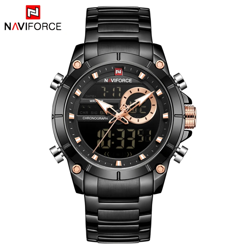 Black NAVIFORCE новые серебряные часы для мужчин Топ люксовый бренд водонепроницаемые кварцевые наручные часы Спортивные Мужские Цифровые мужские часы Relogio Masculino - Цвет: Black