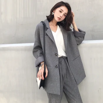 

Suit female autumn new temperament casual loose long suit jacket trousers solid color elegant fashion two-piece set
