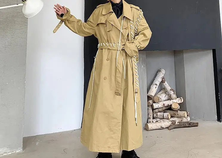 WHITNEY WANG осеннее модное уличное дизайнерское стильное длинное пальто со шнуровкой Мужская Стильная ветровка верхняя одежда