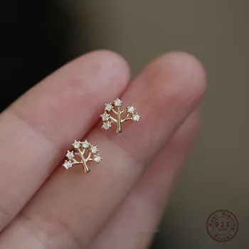 925 Sterling Silver Simple Pavé Crystal Life Tree Stud Earrings Women Light Luxury Temperament 14k Gold Plating Jewelry Gift