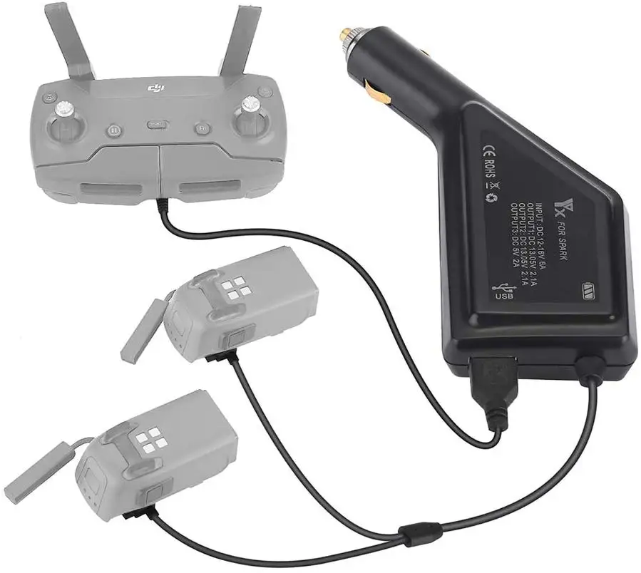 

YX 3 in 1 Car Charger with Dust Cover for DJI Spark Drone Battery and Remote Controller,Triple Output (1 xUSB + 2 x Battery)