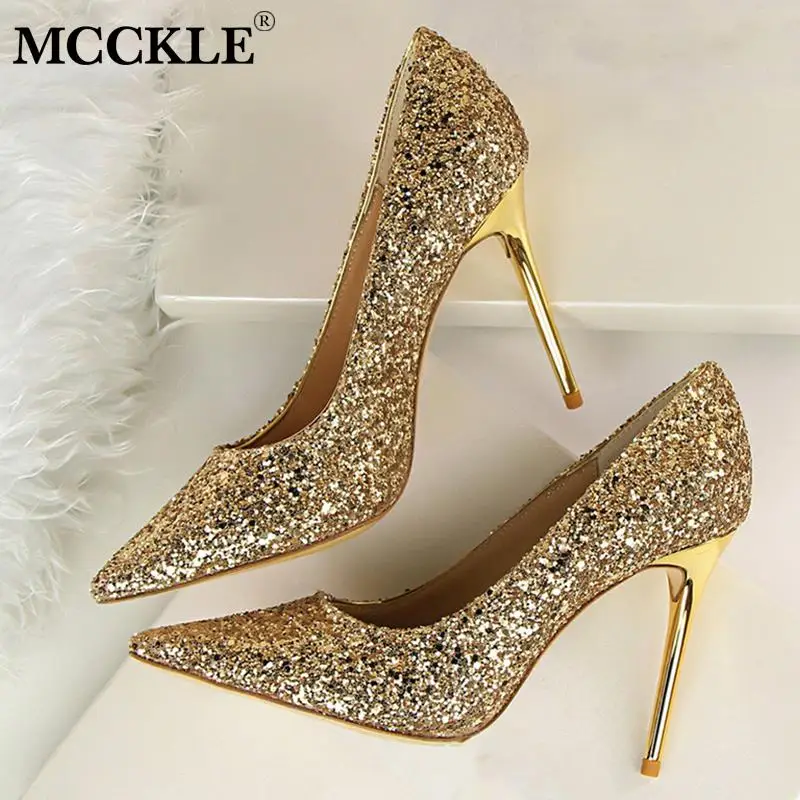 

MCCKLE Women Thin High Heels Pumps Sexy Pointed Toe Glitter Fashion Woman Shoes Wedding Bridal Rhinestone Ladies Shallow Shoes